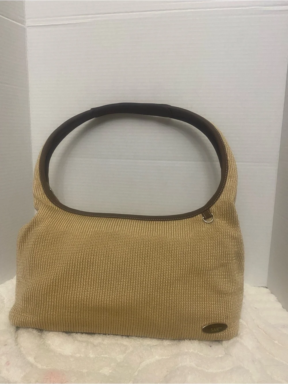 The Sak Beige Knit Shoulder Bag with Brown Trim